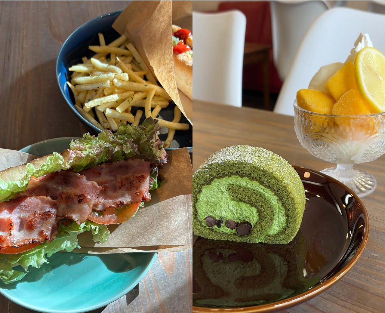 サンドウィッチやポテトの軽食と、抹茶ロールケーキなどスイーツ